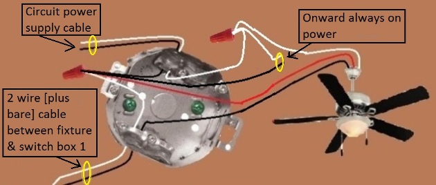 Fan / Light Combination Fixture Switch Circuits - Fan Always Hot / Light Switched - Power Source at Fixture & two 3-way Switches required - Extension - Onward 'Always On' Power from Fixture