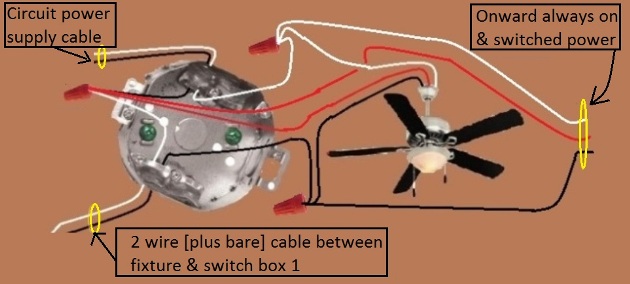 Fan / Light Combination Fixture Switch Circuits - Fan Always Hot / Light Switched - Power Source at Fixture & two 3-way Switches required - Extension - Onward 'Always On and Switched' Power from Fixture