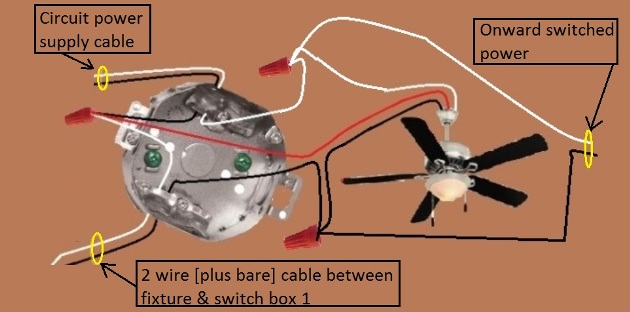 Fan / Light Combination Fixture Switch Circuits - Fan Always Hot / Light Switched - Power Source at Fixture & two 3-way Switches required - Extension - Onward 'Switched' Power from Fixture